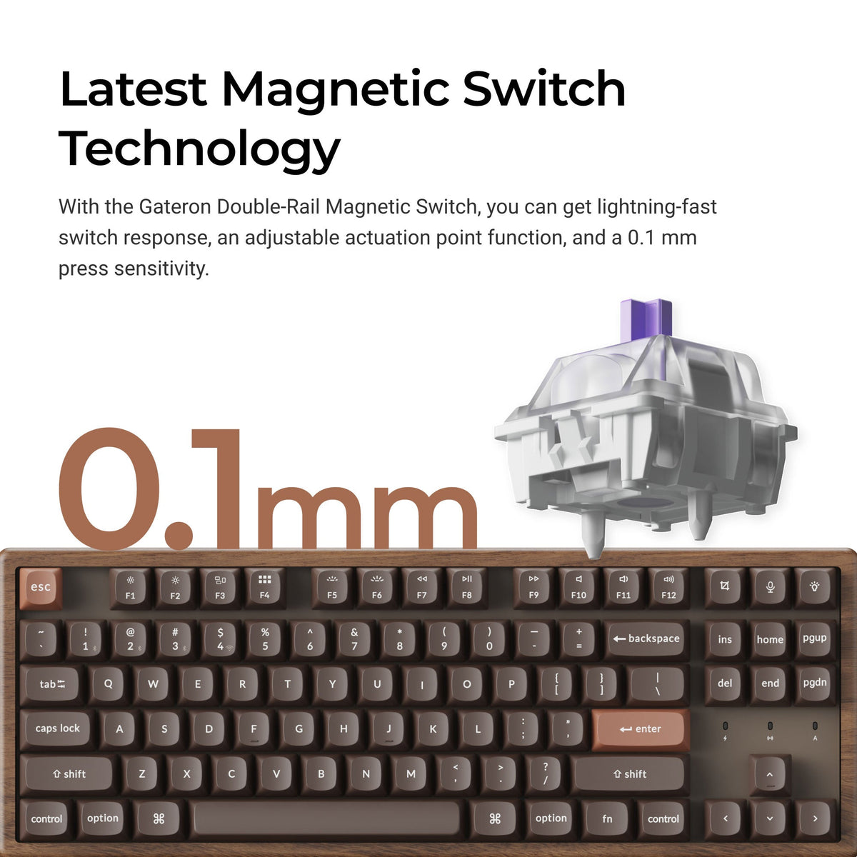 Wooden magnetic-switch keyboard with adjustable actuation and 0.1 mm sensitivity.